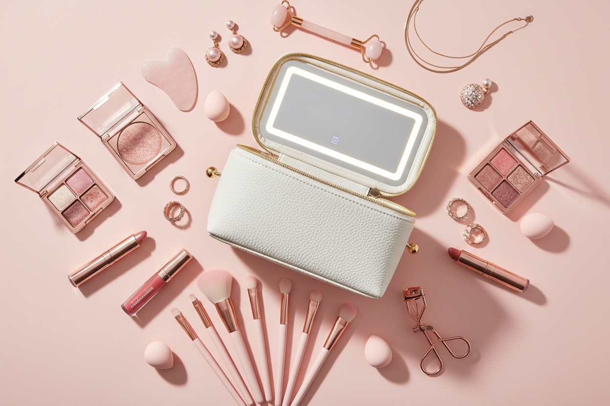 Sminkebørster, makeupbag med speil og lys, og smykker